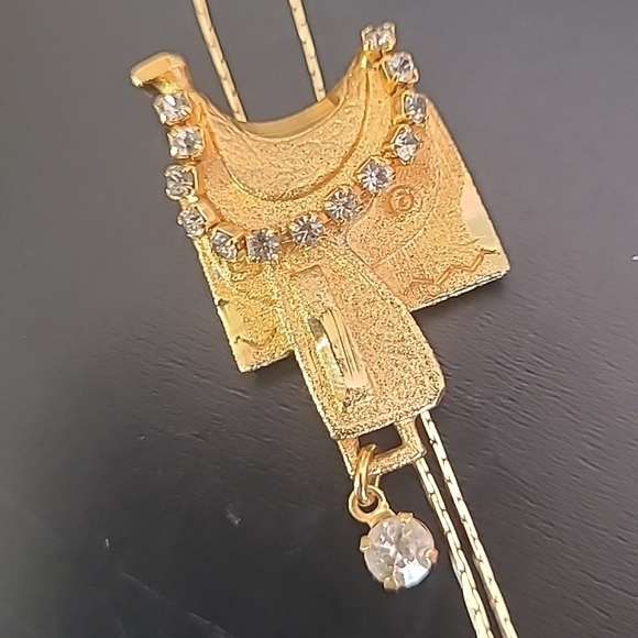 Vintage Unmarked Bolo Tie Gold Tone Horse Saddle Rhistones Cowgirl Necklace 16" - Picture 16 of 17